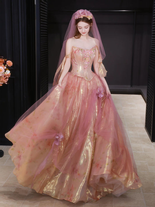 Maximalism Off-Shoulder A-Line Prom Dresses Embroidered Bodice Appliques Tulle Evening Gowns AP7032