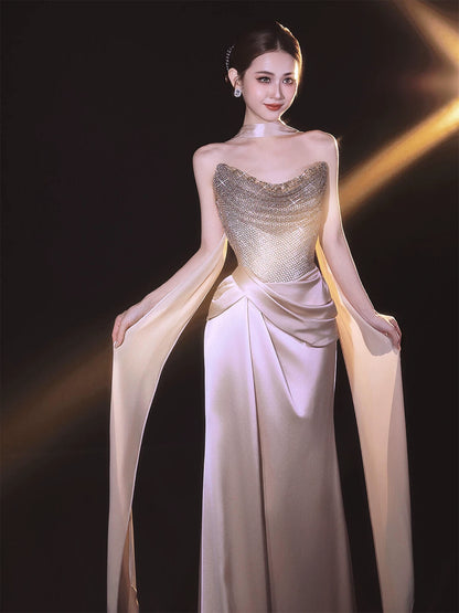 Fancy Beaded Strapless Satin Prom Dress With Scarf Sequins Sheath Formal Dress AP7033