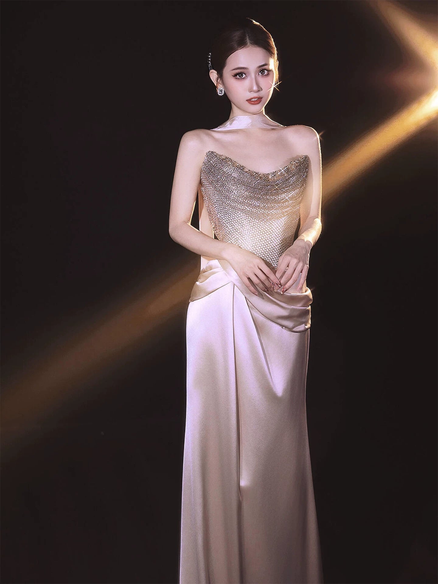 Fancy Beaded Strapless Satin Prom Dress With Scarf Sequins Sheath Formal Dress AP7033