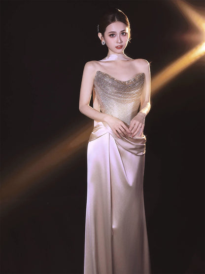 Fancy Beaded Strapless Satin Prom Dress With Scarf Sequins Sheath Formal Dress AP7033