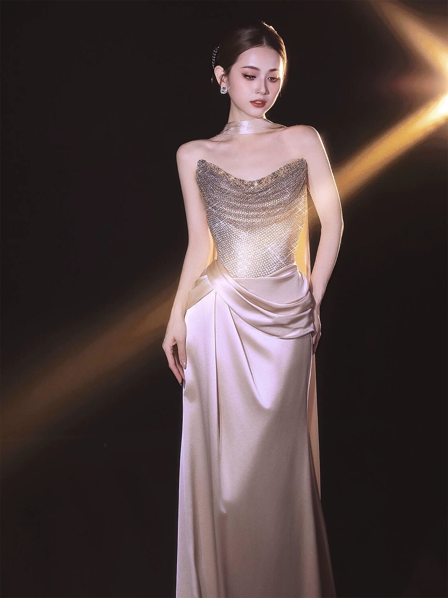 Fancy Beaded Strapless Satin Prom Dress With Scarf Sequins Sheath Formal Dress AP7033