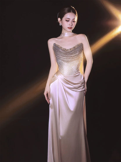 Fancy Beaded Strapless Satin Prom Dress With Scarf Sequins Sheath Formal Dress AP7033