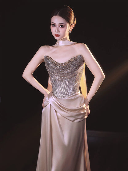 Fancy Beaded Strapless Satin Prom Dress With Scarf Sequins Sheath Formal Dress AP7033