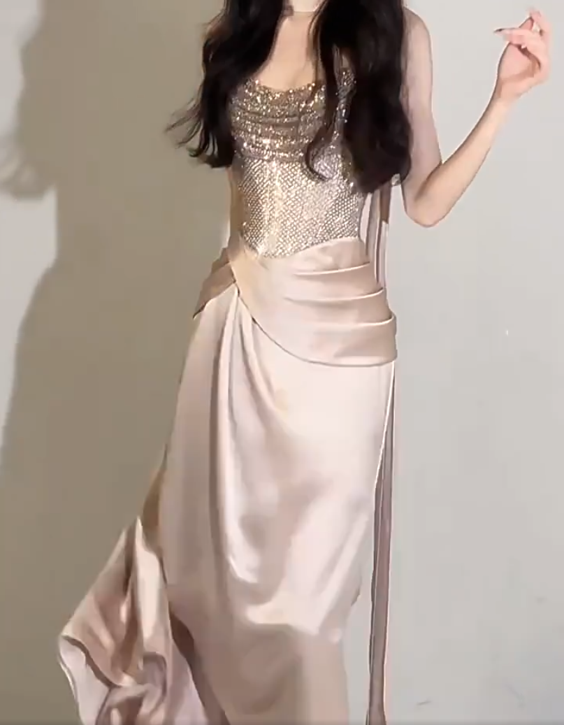 Fancy Beaded Strapless Satin Prom Dress With Scarf Sequins Sheath Formal Dress AP7033
