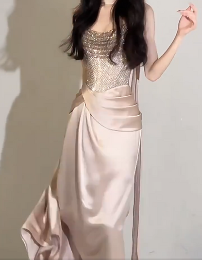 Fancy Beaded Strapless Satin Prom Dress With Scarf Sequins Sheath Formal Dress AP7033