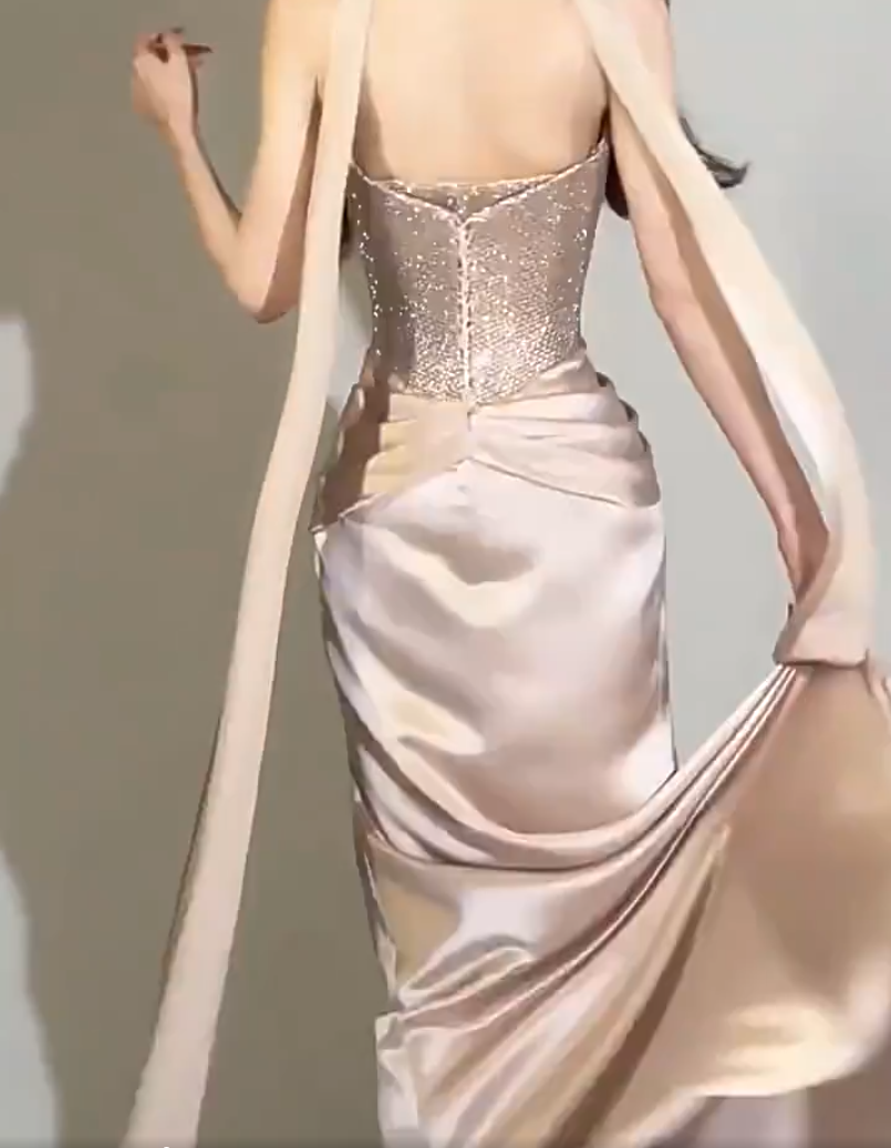 Fancy Beaded Strapless Satin Prom Dress With Scarf Sequins Sheath Formal Dress AP7033