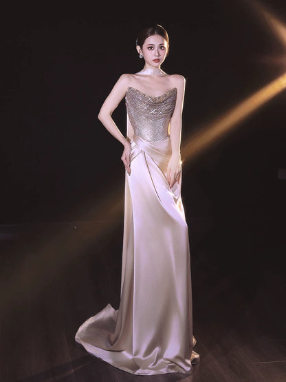 Fancy Beaded Strapless Satin Prom Dress With Scarf Sequins Sheath Formal Dress AP7033