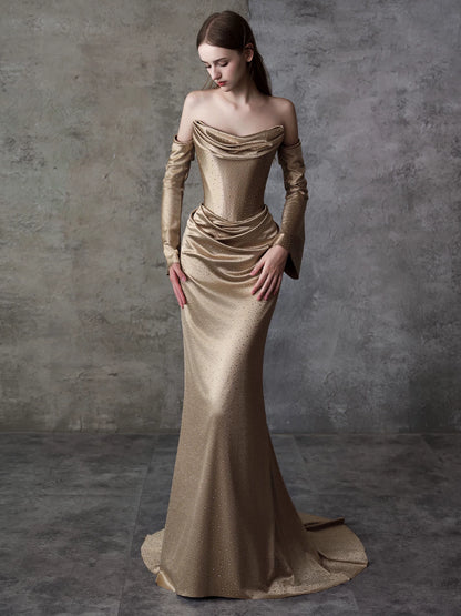 Delicate Strapless Gold Prom Dress Sequins Satin Sheath Formal Dress AP7034