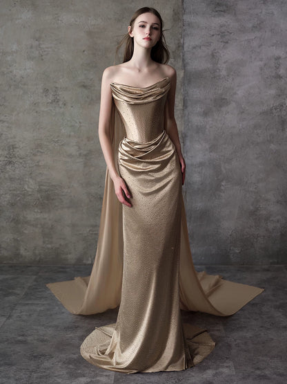 Delicate Strapless Gold Prom Dress Sequins Satin Sheath Formal Dress AP7034