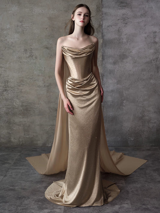 Delicate Strapless Gold Prom Dress Sequins Satin Sheath Formal Dress AP7034