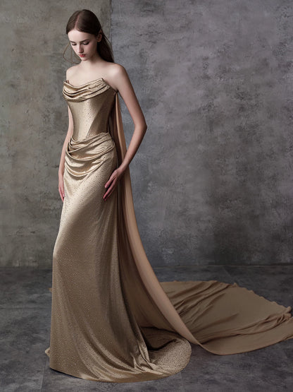 Delicate Strapless Gold Prom Dress Sequins Satin Sheath Formal Dress AP7034