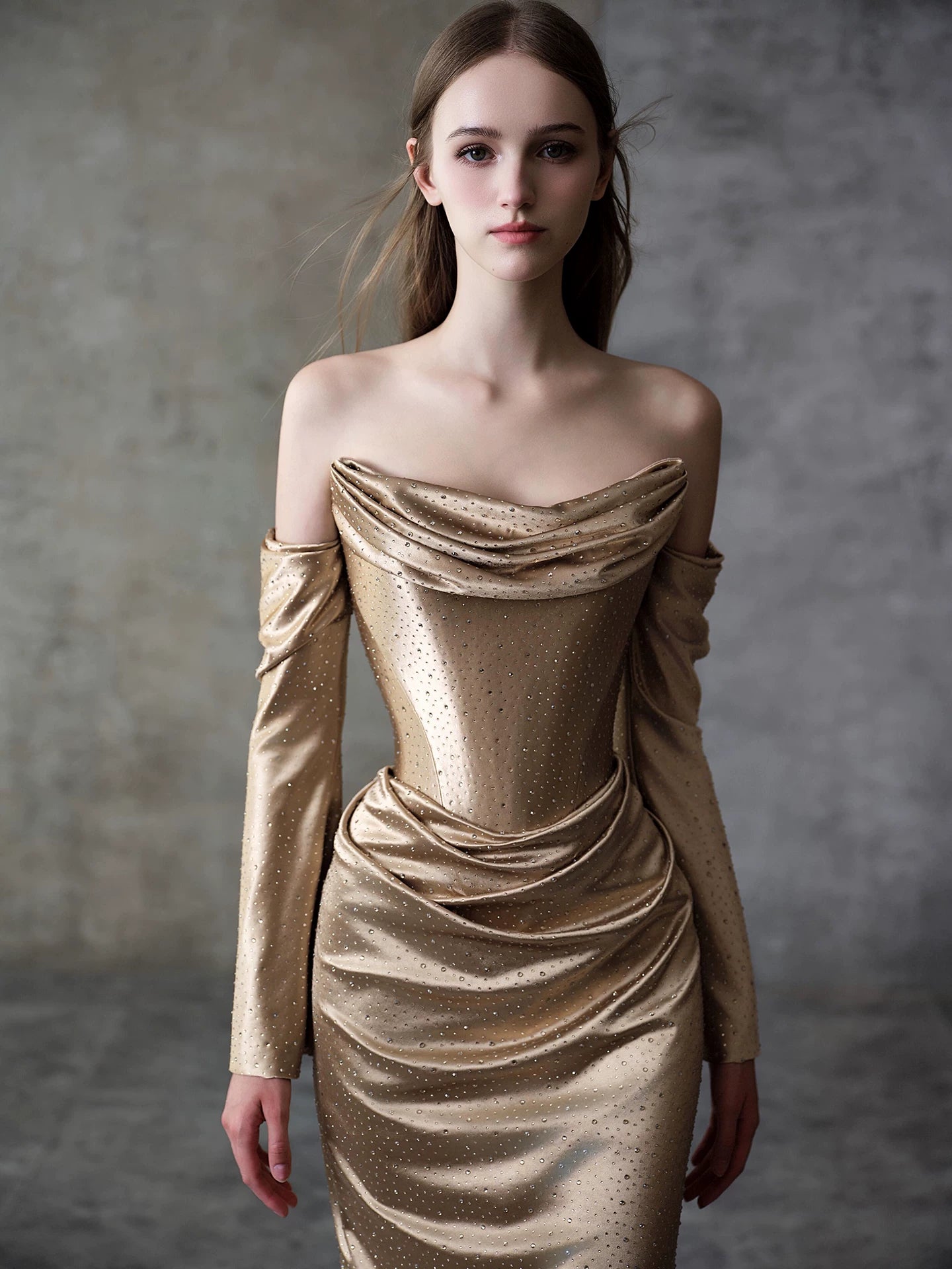 Delicate Strapless Gold Prom Dress Sequins Satin Sheath Formal Dress AP7034