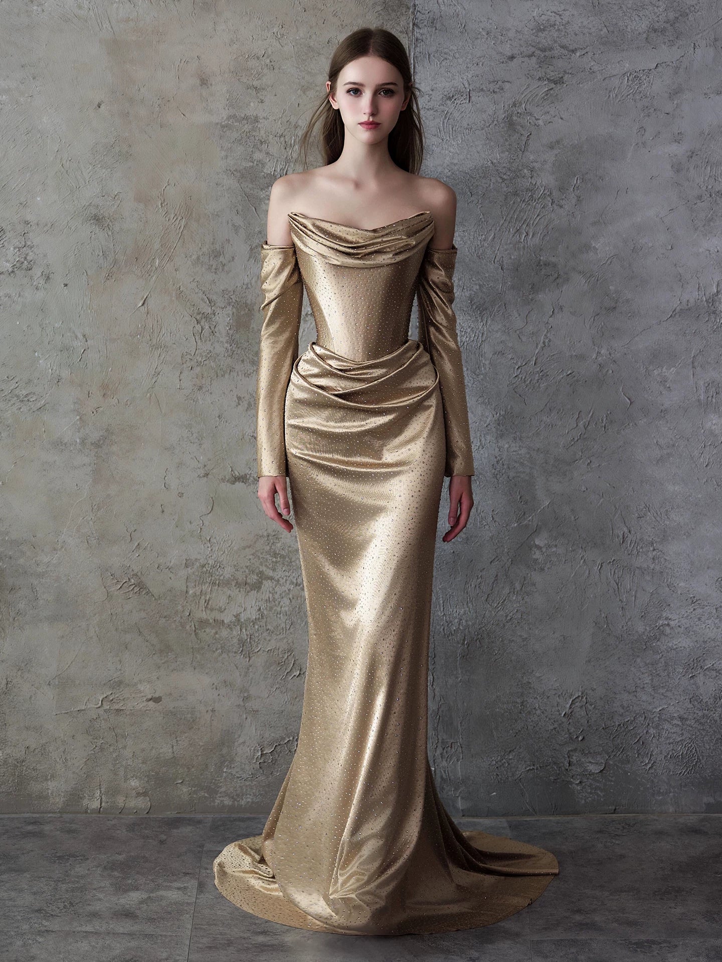Delicate Strapless Gold Prom Dress Sequins Satin Sheath Formal Dress AP7034