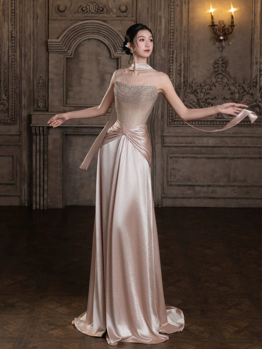 Gen Z Style Strapless A-Line Satin Pink Prom Dress With Scarf Sequins Beaded Formal Dress AP7035