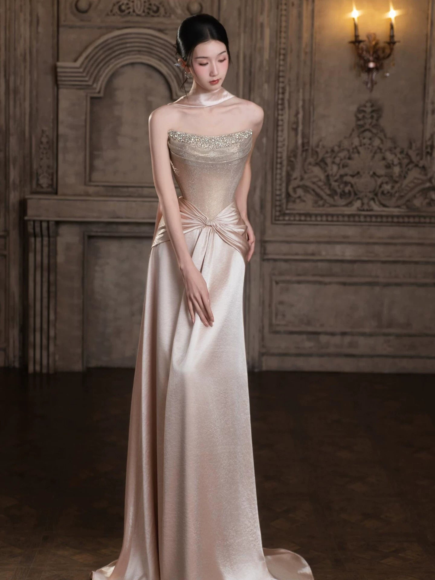 Gen Z Style Strapless A-Line Satin Pink Prom Dress With Scarf Sequins Beaded Formal Dress AP7035