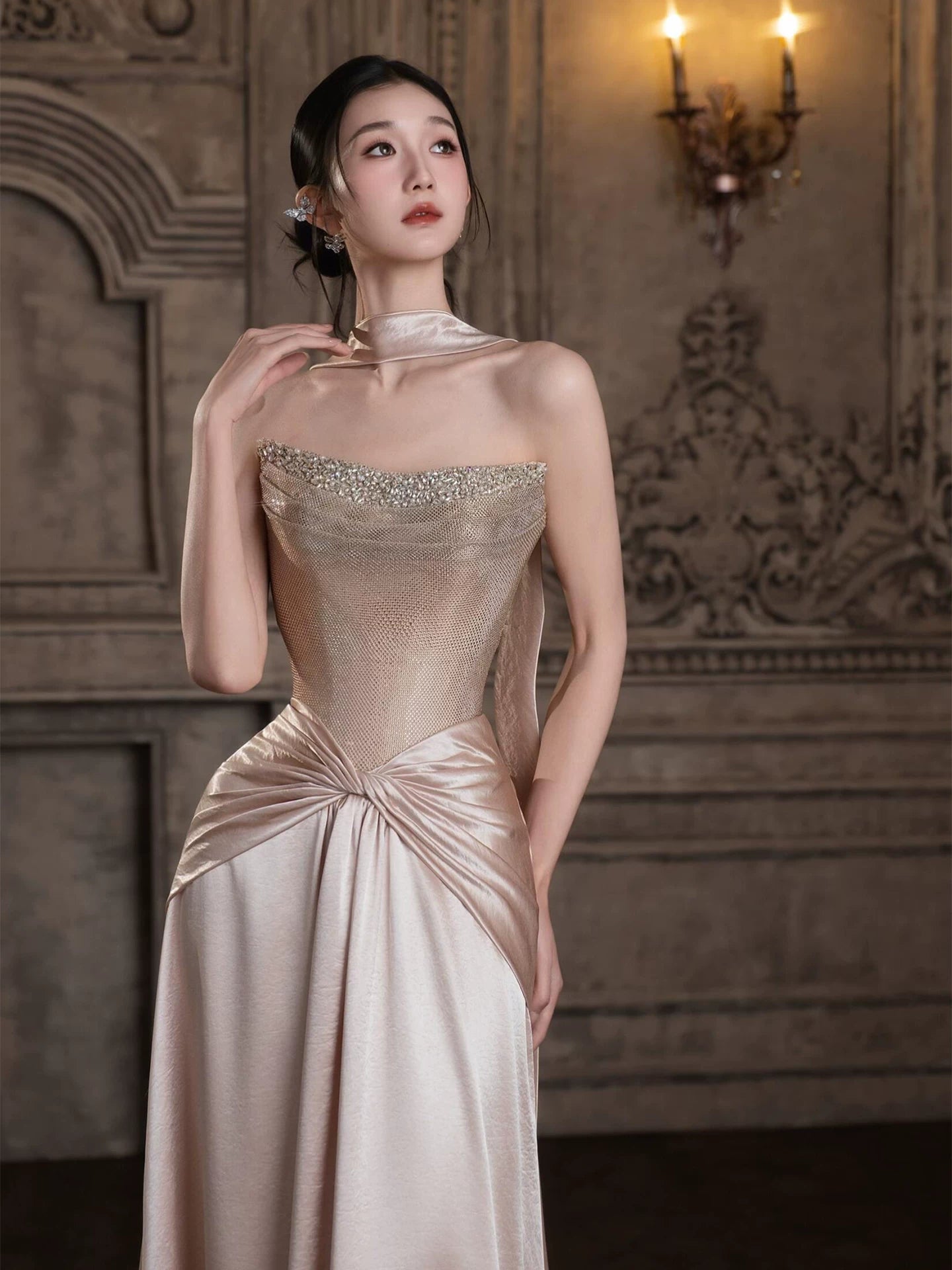 Gen Z Style Strapless A-Line Satin Pink Prom Dress With Scarf Sequins Beaded Formal Dress AP7035