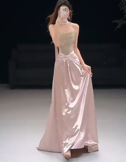 Gen Z Style Strapless A-Line Satin Pink Prom Dress With Scarf Sequins Beaded Formal Dress AP7035
