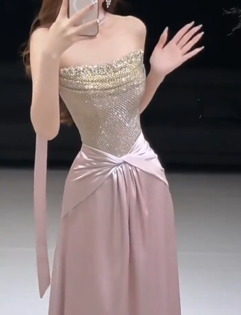 Gen Z Style Strapless A-Line Satin Pink Prom Dress With Scarf Sequins Beaded Formal Dress AP7035