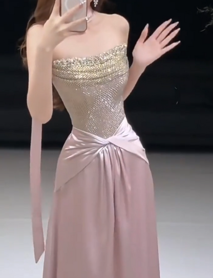 Gen Z Style Strapless A-Line Satin Pink Prom Dress With Scarf Sequins Beaded Formal Dress AP7035