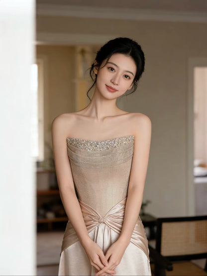 Gen Z Style Strapless A-Line Satin Pink Prom Dress With Scarf Sequins Beaded Formal Dress AP7035