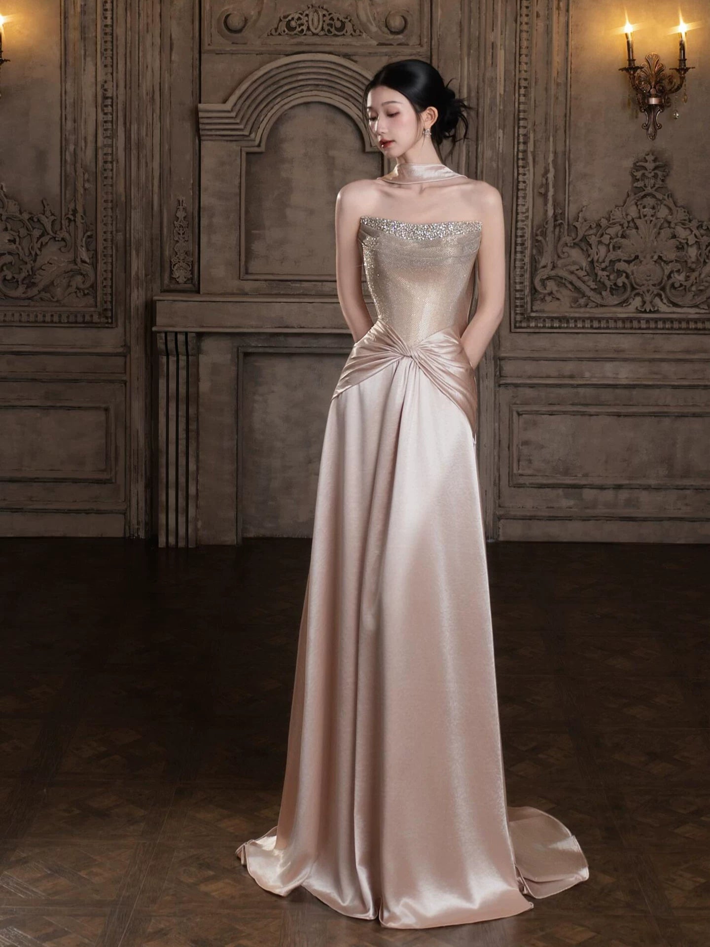 Gen Z Style Strapless A-Line Satin Pink Prom Dress With Scarf Sequins Beaded Formal Dress AP7035