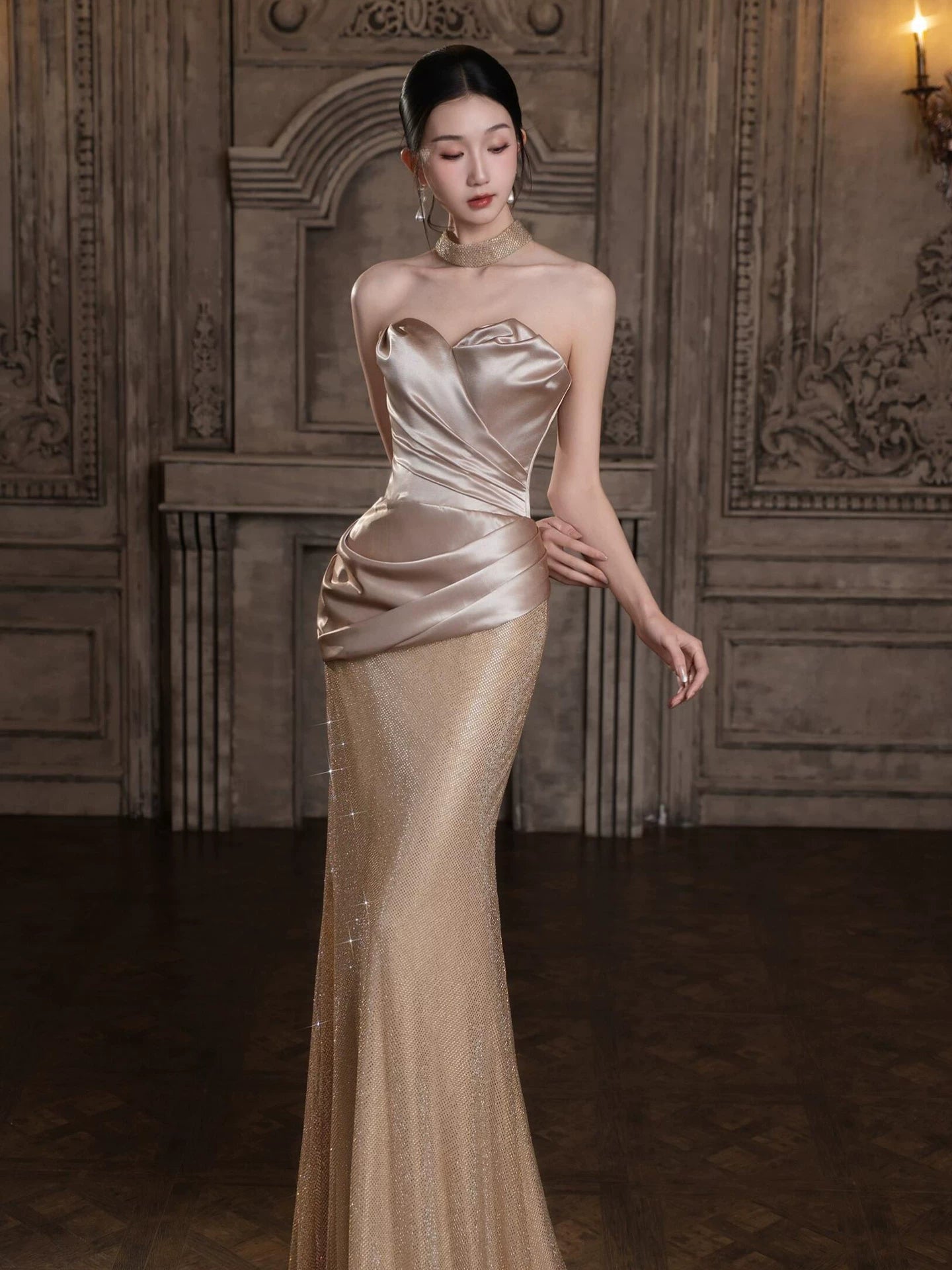 Casual Strapless Mermaid Prom Dress Inspo Satin Bodice Sequins Formal Dress AP7036