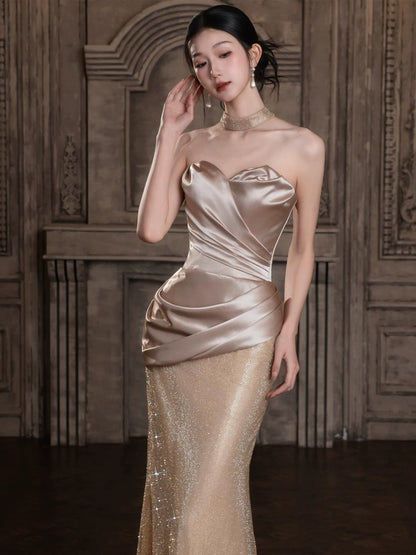 Casual Strapless Mermaid Prom Dress Inspo Satin Bodice Sequins Formal Dress AP7036