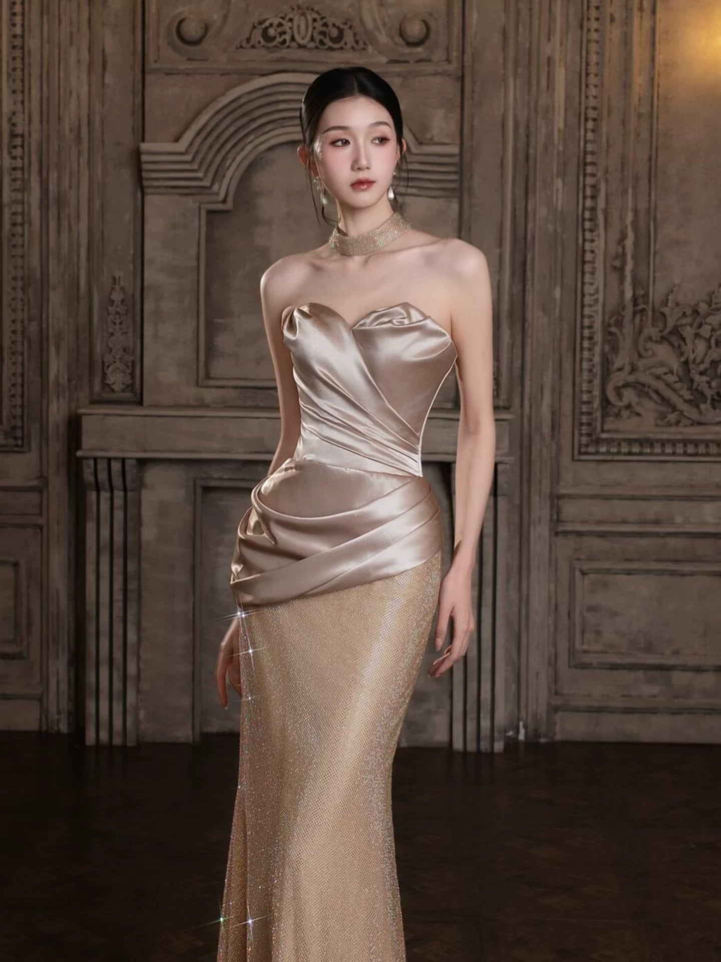 Casual Strapless Mermaid Prom Dress Inspo Satin Bodice Sequins Formal Dress AP7036