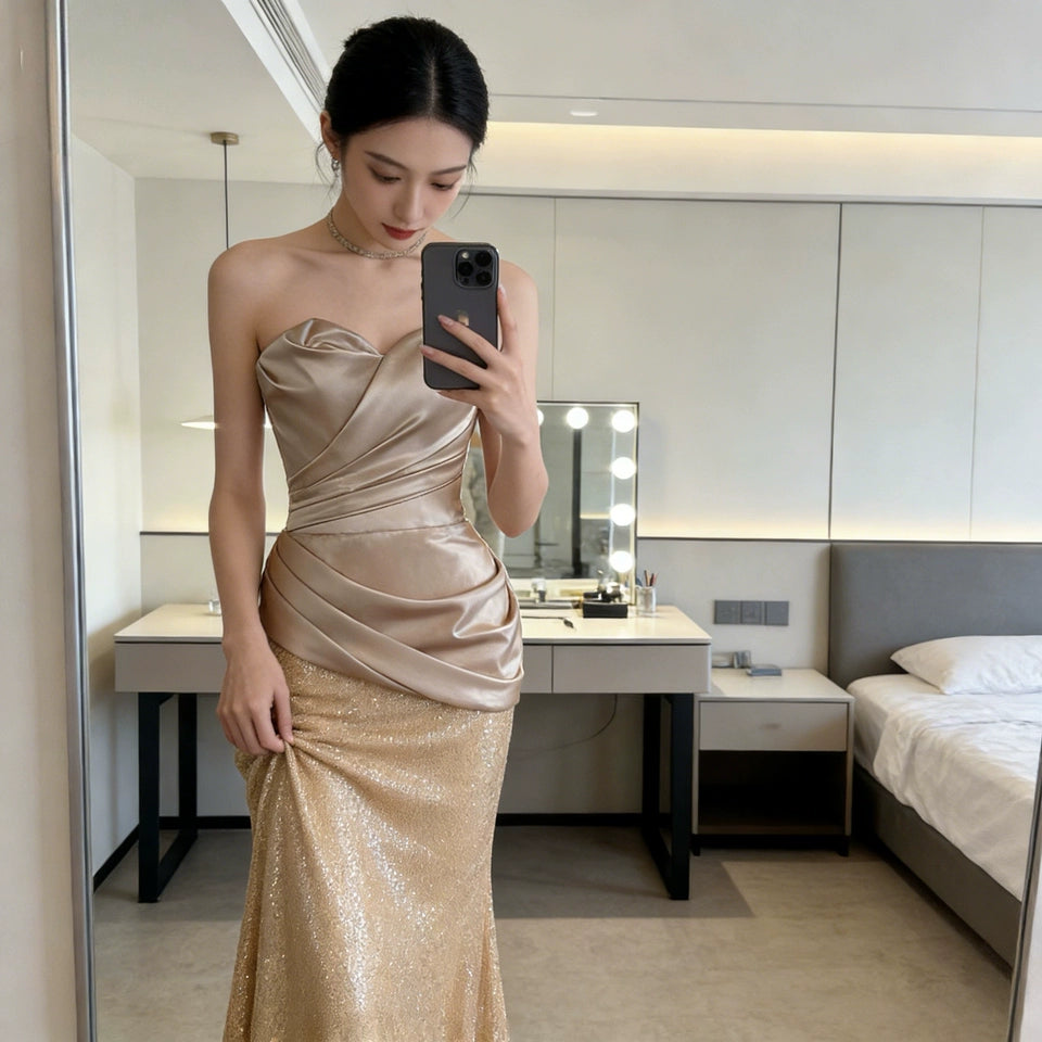 Casual Strapless Mermaid Prom Dress Inspo Satin Bodice Sequins Formal Dress AP7036