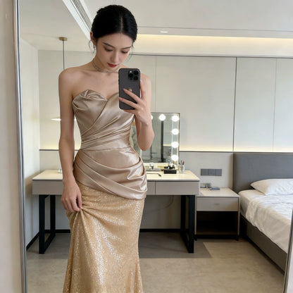 Casual Strapless Mermaid Prom Dress Inspo Satin Bodice Sequins Formal Dress AP7036