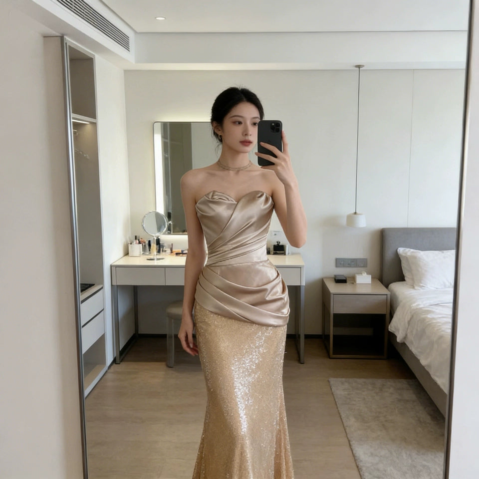 Casual Strapless Mermaid Prom Dress Inspo Satin Bodice Sequins Formal Dress AP7036