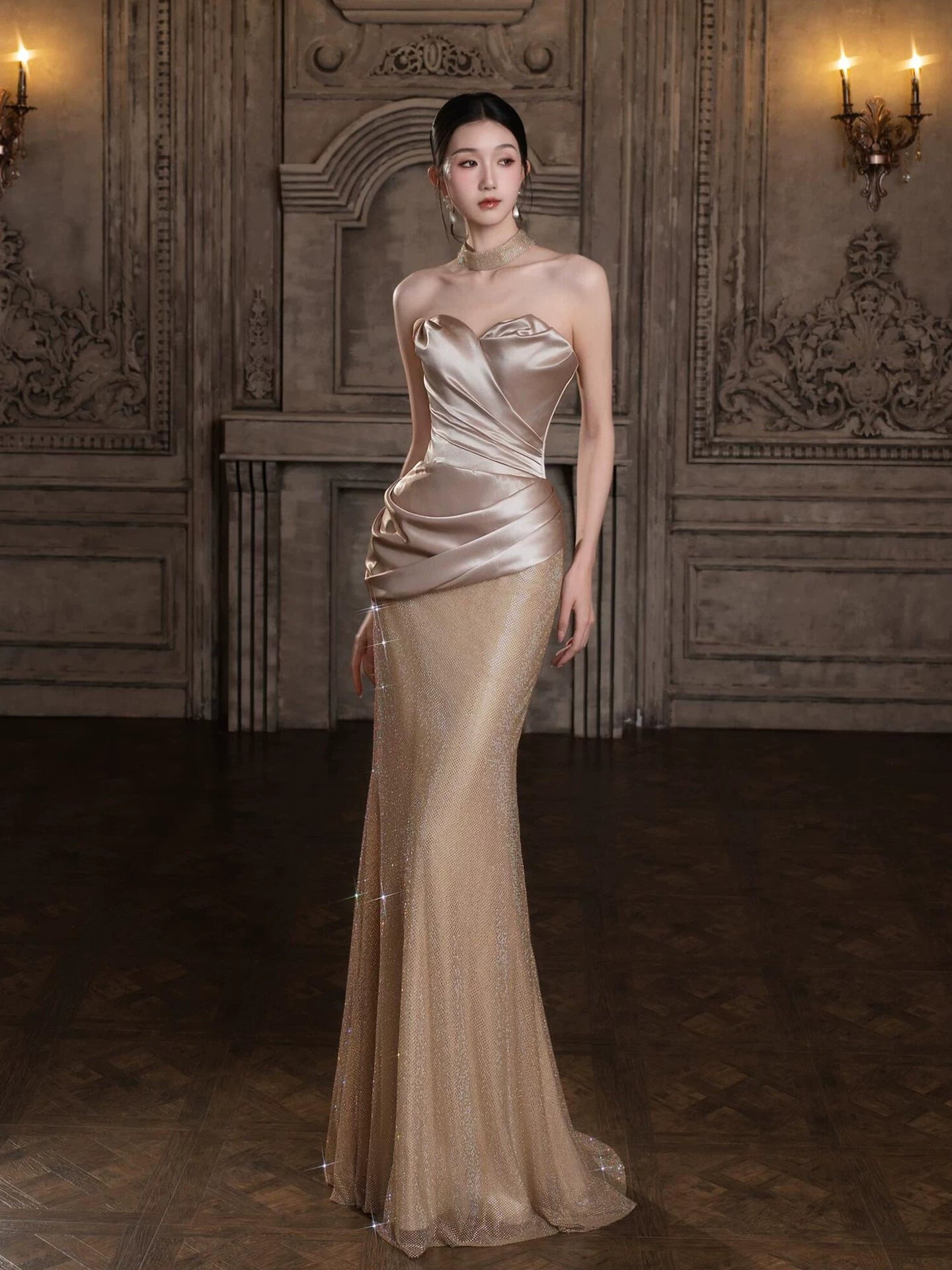 Casual Strapless Mermaid Prom Dress Inspo Satin Bodice Sequins Formal Dress AP7036