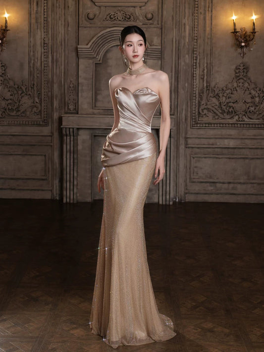 Casual Strapless Mermaid Prom Dress Inspo Satin Bodice Sequins Formal Dress AP7036
