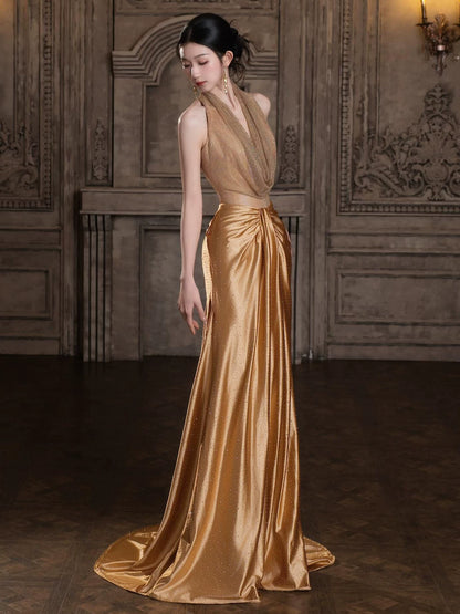 Y2K Style A-Line Gold Prom Dress Ruched Halter Neck Sequins Evening Gowns AP7037