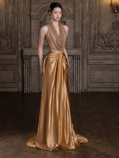 Y2K Style A-Line Gold Prom Dress Ruched Halter Neck Sequins Evening Gowns AP7037