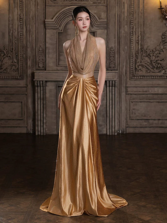 Y2K Style A-Line Gold Prom Dress Ruched Halter Neck Sequins Evening Gowns AP7037
