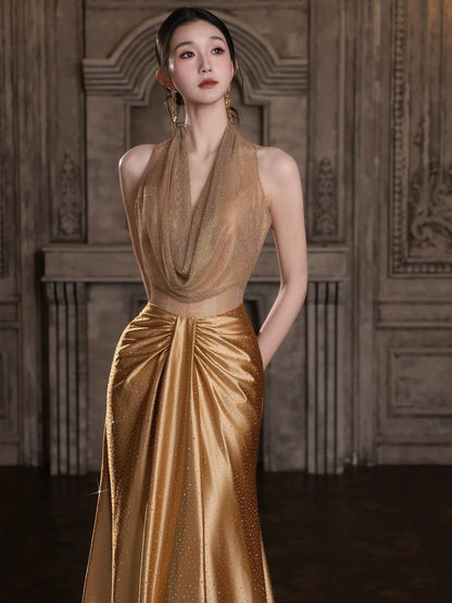 Y2K Style A-Line Gold Prom Dress Ruched Halter Neck Sequins Evening Gowns AP7037