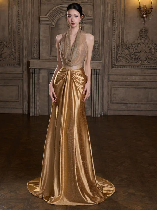 Y2K Style A-Line Gold Prom Dress Ruched Halter Neck Sequins Evening Gowns AP7037