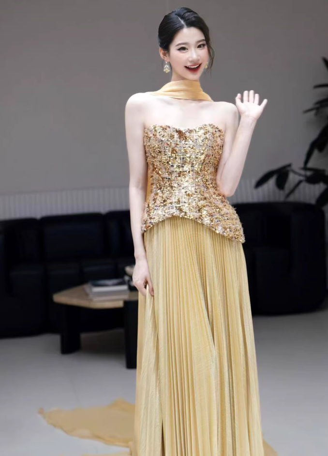 Retro Strapless A-Line Gold Prom Dress With Scarf Sequins Pleated Formal Dress AP7038