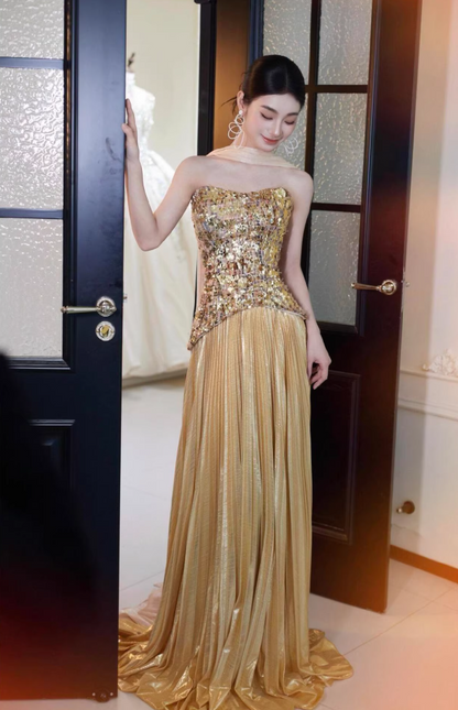 Retro Strapless A-Line Gold Prom Dress With Scarf Sequins Pleated Formal Dress AP7038