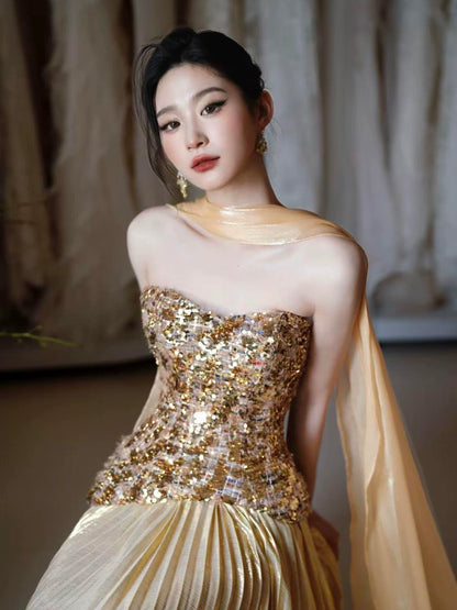 Retro Strapless A-Line Gold Prom Dress With Scarf Sequins Pleated Formal Dress AP7038