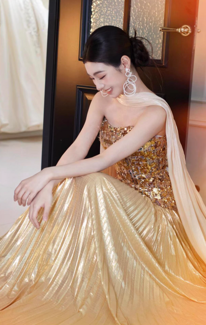 Retro Strapless A-Line Gold Prom Dress With Scarf Sequins Pleated Formal Dress AP7038