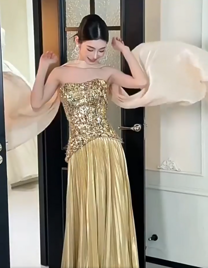 Retro Strapless A-Line Gold Prom Dress With Scarf Sequins Pleated Formal Dress AP7038