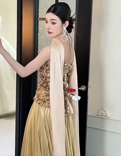 Retro Strapless A-Line Gold Prom Dress With Scarf Sequins Pleated Formal Dress AP7038
