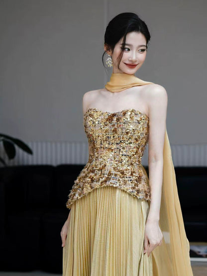 Retro Strapless A-Line Gold Prom Dress With Scarf Sequins Pleated Formal Dress AP7038