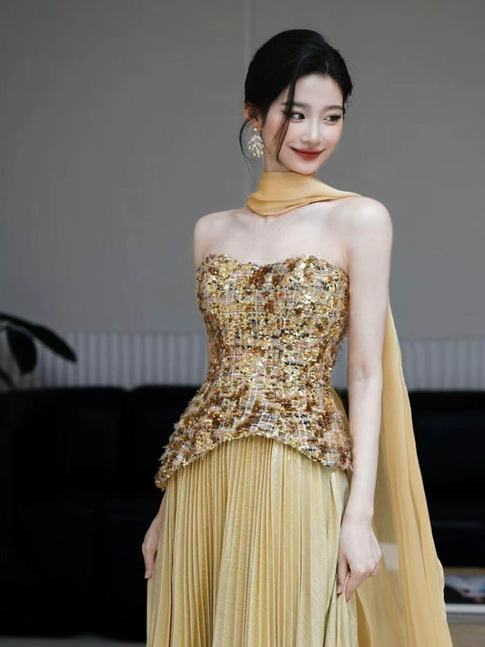 Retro Strapless A-Line Gold Prom Dress With Scarf Sequins Pleated Formal Dress AP7038