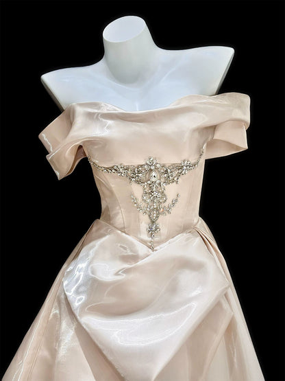 New Tendency Off-Shoulder A-Line Prom Dress Ideas Beaded Satin Formal Dress AP7039
