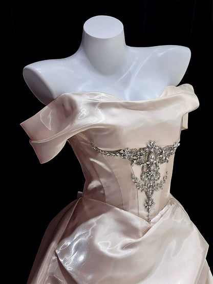 New Tendency Off-Shoulder A-Line Prom Dress Ideas Beaded Satin Formal Dress AP7039