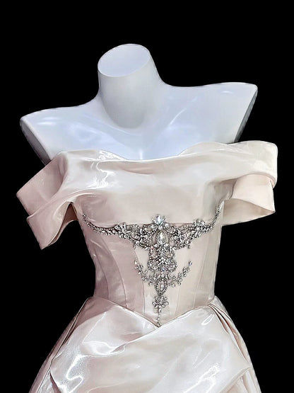 New Tendency Off-Shoulder A-Line Prom Dress Ideas Beaded Satin Formal Dress AP7039