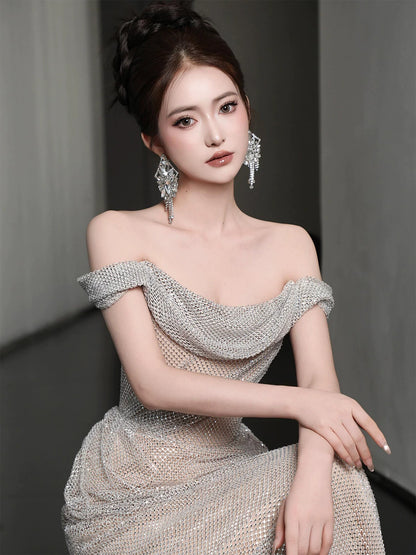 Hot Girls Off-Shoulder Sheath Prom Dress Inspiration Sequins  Formal Dress AP7040